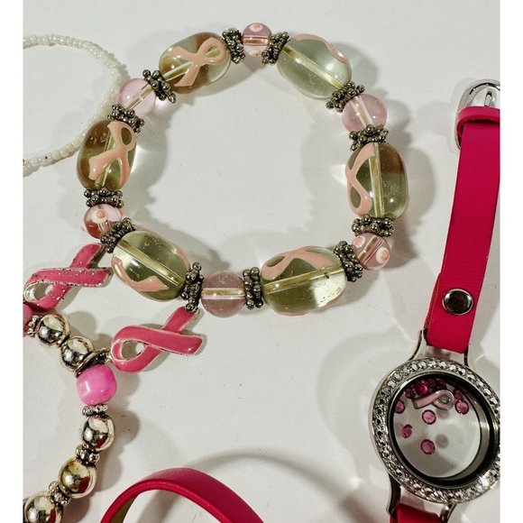 Breast Cancer Awareness Bracelet Set Origami Owl Rhinestone Bracelet Pink Ribbon - Picture 4 of 8